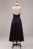 Black Floral Sparkly Sequins Halter A-Line Long Formal Dress
