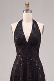 Black Floral Sparkly Sequins Halter A-Line Long Formal Dress
