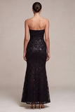 Sparkly Black Floral Sequins Strapless Mermaid Long Formal Dress