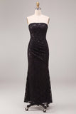 Sparkly Black Floral Sequins Strapless Mermaid Long Formal Dress