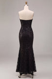 Sparkly Black Floral Sequins Strapless Mermaid Long Formal Dress