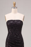 Sparkly Black Floral Sequins Strapless Mermaid Long Formal Dress