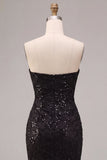 Sparkly Black Floral Sequins Strapless Mermaid Long Formal Dress