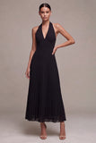 Black Halter Pleated A-Line Long Formal Dress