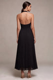Black Halter Pleated A-Line Long Formal Dress