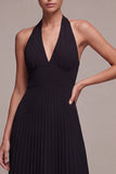 Black Halter Pleated A-Line Long Formal Dress