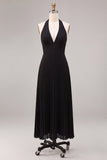 Black Halter Pleated A-Line Long Formal Dress