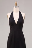 Black Halter Pleated A-Line Long Formal Dress
