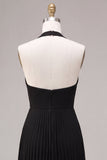 Black Halter Pleated A-Line Long Formal Dress