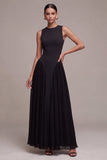 Black Round Neck Corset Pleated A-Line Long Formal Dress