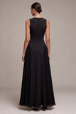 Black Round Neck Corset Pleated A-Line Long Formal Dress