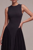 Black Round Neck Corset Pleated A-Line Long Formal Dress