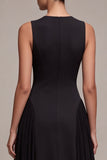 Black Round Neck Corset Pleated A-Line Long Formal Dress