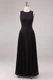 Black Round Neck Corset Pleated A-Line Long Formal Dress