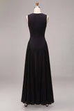 Black Round Neck Corset Pleated A-Line Long Formal Dress