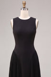 Black Round Neck Corset Pleated A-Line Long Formal Dress