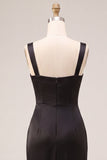 Black Ruched Thick Straps Long Mermaid Formal Dress with Slit