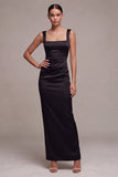 Black Ruched Thick Straps Long Mermaid Formal Dress with Slit