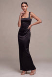 Black Ruched Thick Straps Long Mermaid Formal Dress with Slit
