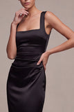 Black Ruched Thick Straps Long Mermaid Formal Dress with Slit