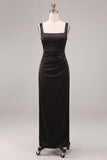 Black Ruched Thick Straps Long Mermaid Formal Dress with Slit