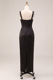 Black Ruched Thick Straps Long Mermaid Formal Dress with Slit