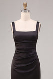 Black Ruched Thick Straps Long Mermaid Formal Dress with Slit