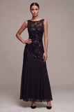 Black Sparkly Floral Sequins Beaded Boat Neck Mermaid Long Formal Dress