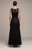 Black Sparkly Floral Sequins Beaded Boat Neck Mermaid Long Formal Dress