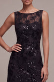 Black Sparkly Floral Sequins Beaded Boat Neck Mermaid Long Formal Dress
