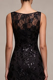 Black Sparkly Floral Sequins Beaded Boat Neck Mermaid Long Formal Dress