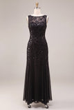 Black Sparkly Floral Sequins Beaded Boat Neck Mermaid Long Formal Dress