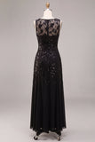 Black Sparkly Floral Sequins Beaded Boat Neck Mermaid Long Formal Dress