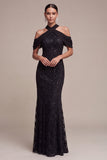 Sparkly Sequins Black Cold Shoulder Mermaid Long Formal Dress