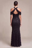 Sparkly Sequins Black Cold Shoulder Mermaid Long Formal Dress
