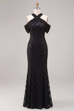 Sparkly Sequins Black Cold Shoulder Mermaid Long Formal Dress