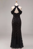 Sparkly Sequins Black Cold Shoulder Mermaid Long Formal Dress