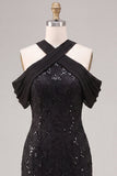 Sparkly Sequins Black Cold Shoulder Mermaid Long Formal Dress