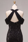 Sparkly Sequins Black Cold Shoulder Mermaid Long Formal Dress
