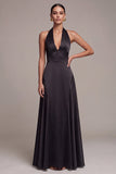Black A-Line Ruched Halter Long Formal Dress