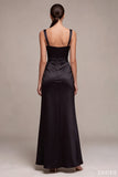 Black Thick Straps Ruched Mermaid Long Formal Dress