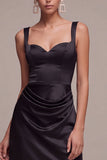 Black Thick Straps Ruched Mermaid Long Formal Dress