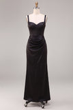 Black Thick Straps Ruched Mermaid Long Formal Dress