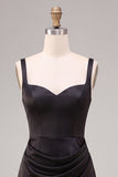 Black Thick Straps Ruched Mermaid Long Formal Dress