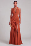 Burnt Orange Mermaid Halter Ruched Maxi Formal Dress with Slit