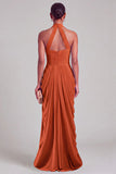 Burnt Orange Mermaid Halter Ruched Maxi Formal Dress with Slit