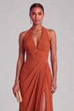 Burnt Orange Mermaid Halter Ruched Maxi Formal Dress with Slit