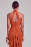 Burnt Orange Mermaid Halter Ruched Maxi Formal Dress with Slit