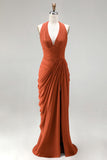 Burnt Orange Mermaid Halter Ruched Maxi Formal Dress with Slit