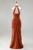 Burnt Orange Mermaid Halter Ruched Maxi Formal Dress with Slit